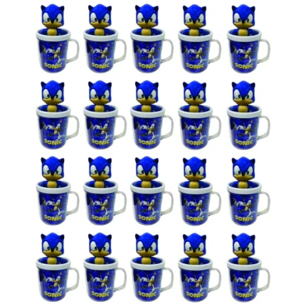 Kit com20 Bonecos 14cm do Sonic azul e Canecas com Solapa feito em pvc e acrilico com pp